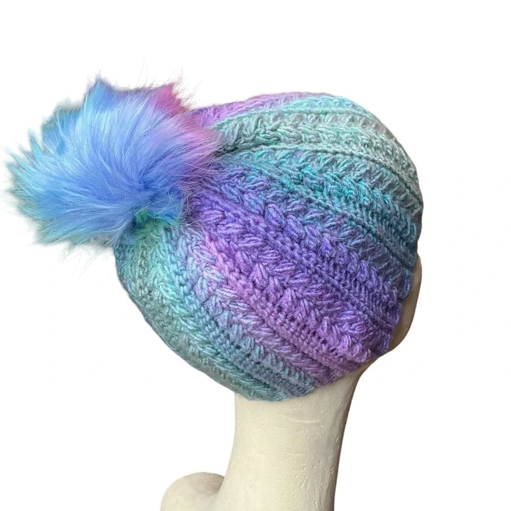 Handcrafted Crochet Winter Hat Blue Purple Snowy Wheat Knit Beanie with Pom Pom